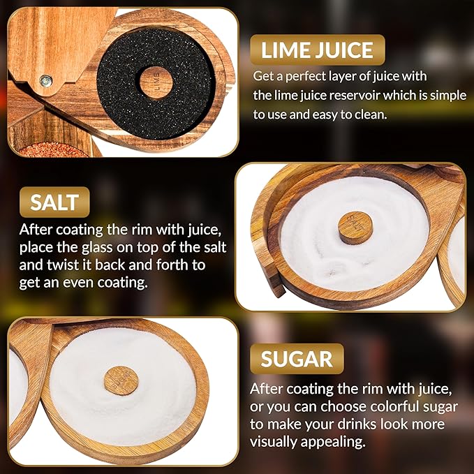 Margarita Salt Rimmer Set for Cocktails | 3 Tier Acacia Wood Glass Rimmer for Salt/Sugar/Lime Seasoning for Bloody Mary, Tequila | Drink Accessories for Bar (With Sponges)