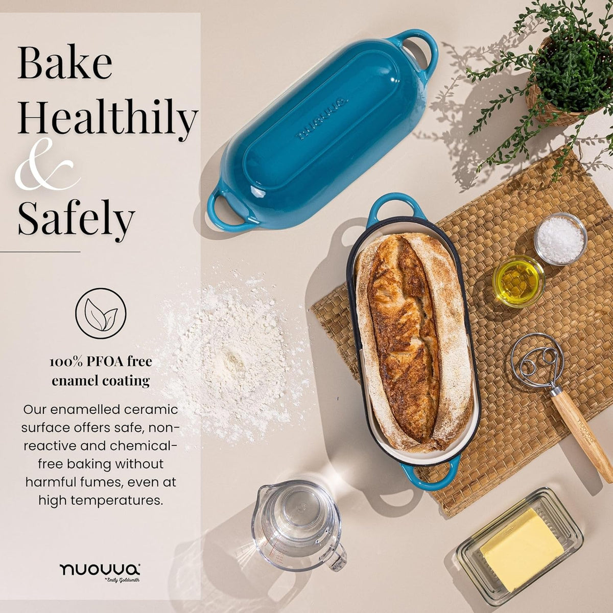 Enamelled Cast Iron Bread Loaf Pot – Dutch Oven For Sourdough Bread Baking – Oven Safe Non Stick Bread Pot – Rectangular, Light Blue, 34cm x 16cm – by Nuovva