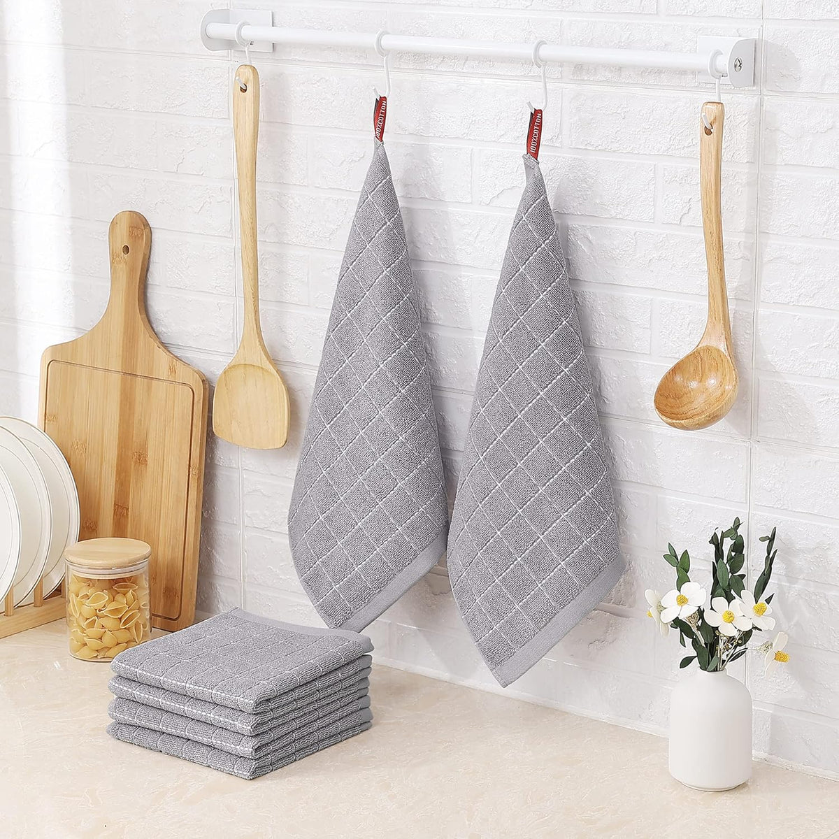 Homaxy 100% Cotton Terry Kitchen Dish Cloths, Ultra Soft and Absorbent Dish Towels for Kitchen, Suitable for Drying and Washing Dishes, 6 Pack, 12 x 12 Inches, Light Grey