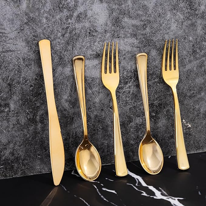 300 Pieces Gold Plastic Silverware - Heavy Duty Disposable Cutlery Set - Gold Disposable Utensils Include 150 Forks, 75 Spoons, 75 Knives for Dinner, Parties, Weddings