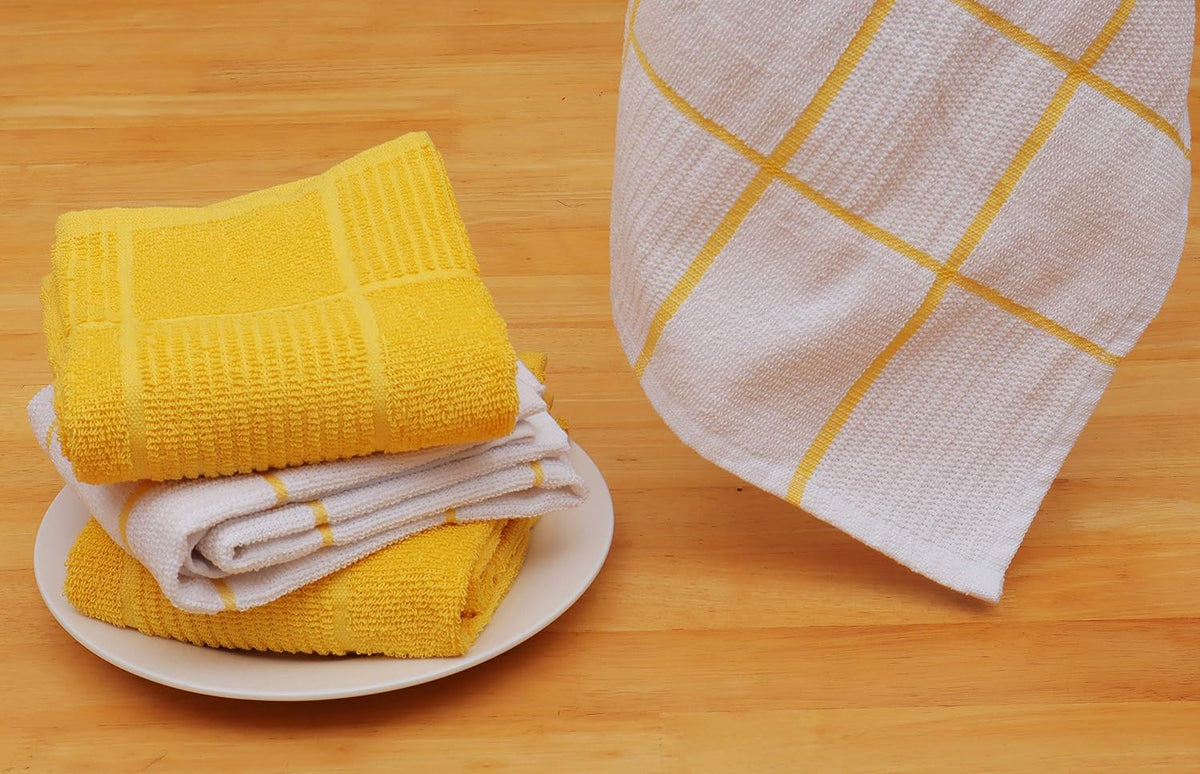 AMOUR INFINI Kitchen Towels Pack of 4 Absorbent, Quick Drying Premium Terry Cotton Dish Towel with Hanging Loop 16x28 Inch Hand & Tea Towels (Yellow)