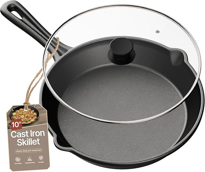 Bakken Pre Seasoned Cast Iron Skillet with Glass Lid & Silicone Handle,10" Frying Pan for Stove, Oven, Grill & Induction, Even Heat Distribution, Versatile All-Purpose Cookware for Searing & Frying