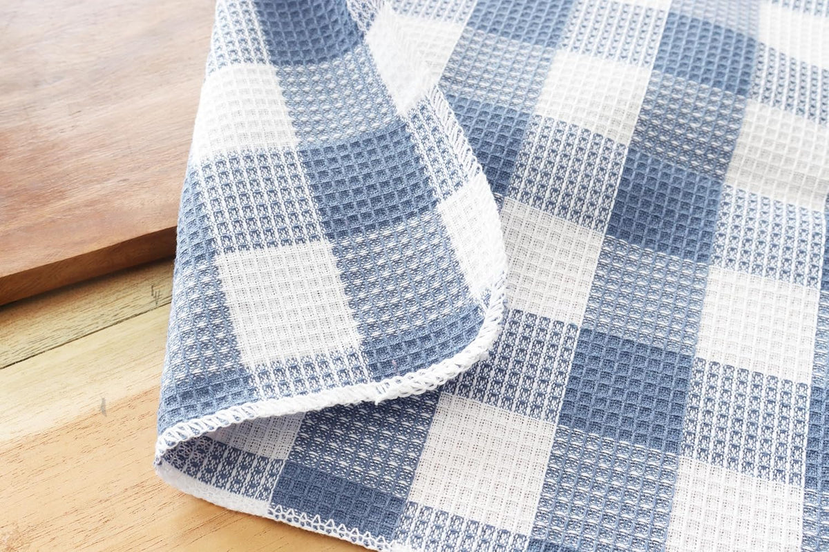 Waffle Weave Plaid Dish Cloths, 100% Cotton - 12 x 12 Inches, Ultra Soft Absorbent Quick Drying Dish Towels Buffalo Check Dish Rags for Kitchen, 8 Pack - Spring Summer - Smoky Grey and White