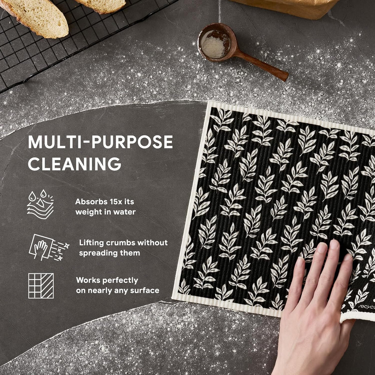 RECYCO Swedish Dishcloths for Kitchen | 4 Pack Oversized Washable Dish Rags | Large Cellulose Reusable Cleaning Paper Towels | Absorbent Counter Dish Cloth Sponge XL Kitchen Wipes, 12" L x 10" W