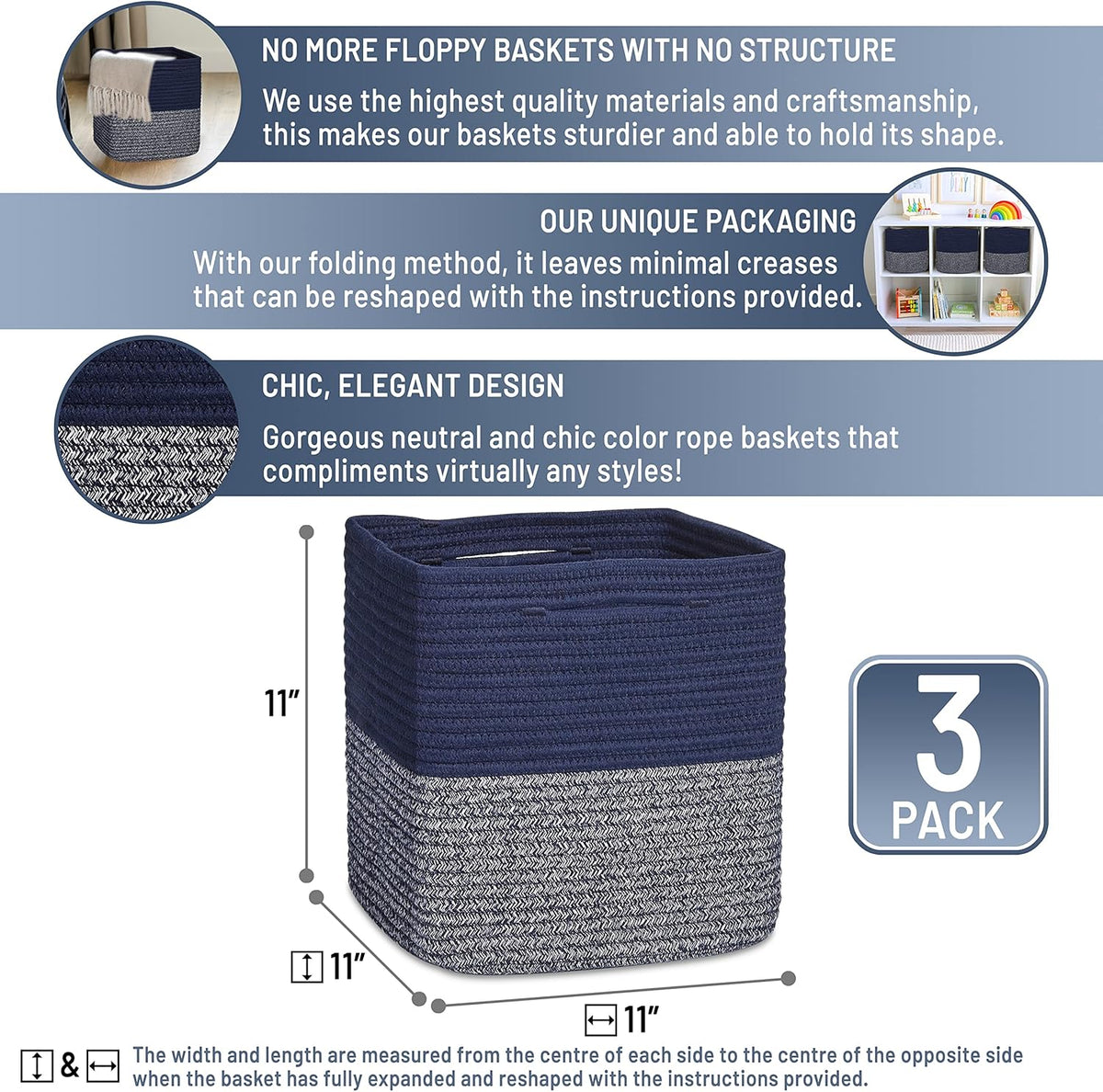 NaturalCozy Storage Cubes 11 Inch Cotton Rope Woven Baskets for Organizing, 3-Pack | Cube Storage Bin | Square Storage Baskets for Shelves Organizer, Classroom, Kids Toy Bins, Closet, Baby Nursery