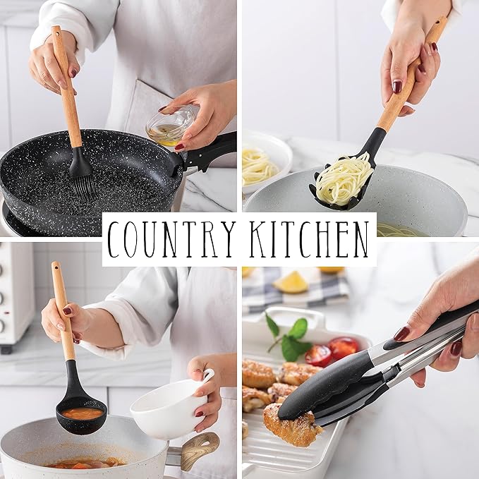 Country Kitchen Non Stick Silicone Utensil Set with Rounded Wood Handles for Cooking and Baking, 38 Piece Set, Black