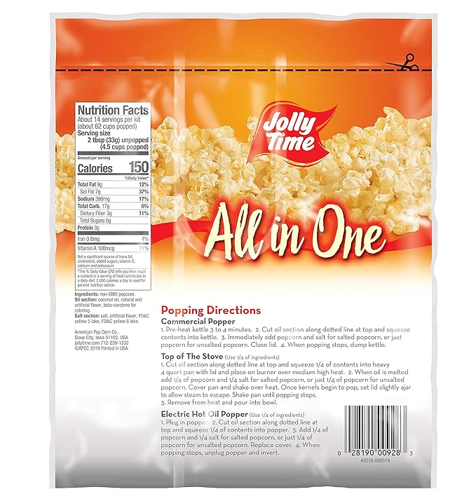 JOLLY TIME All in One Popcorn Kit, Portion Packets with Kernels, Oil and Salt for Movie Theater or Air Popper Machines (18 pack, 12oz Kettle)