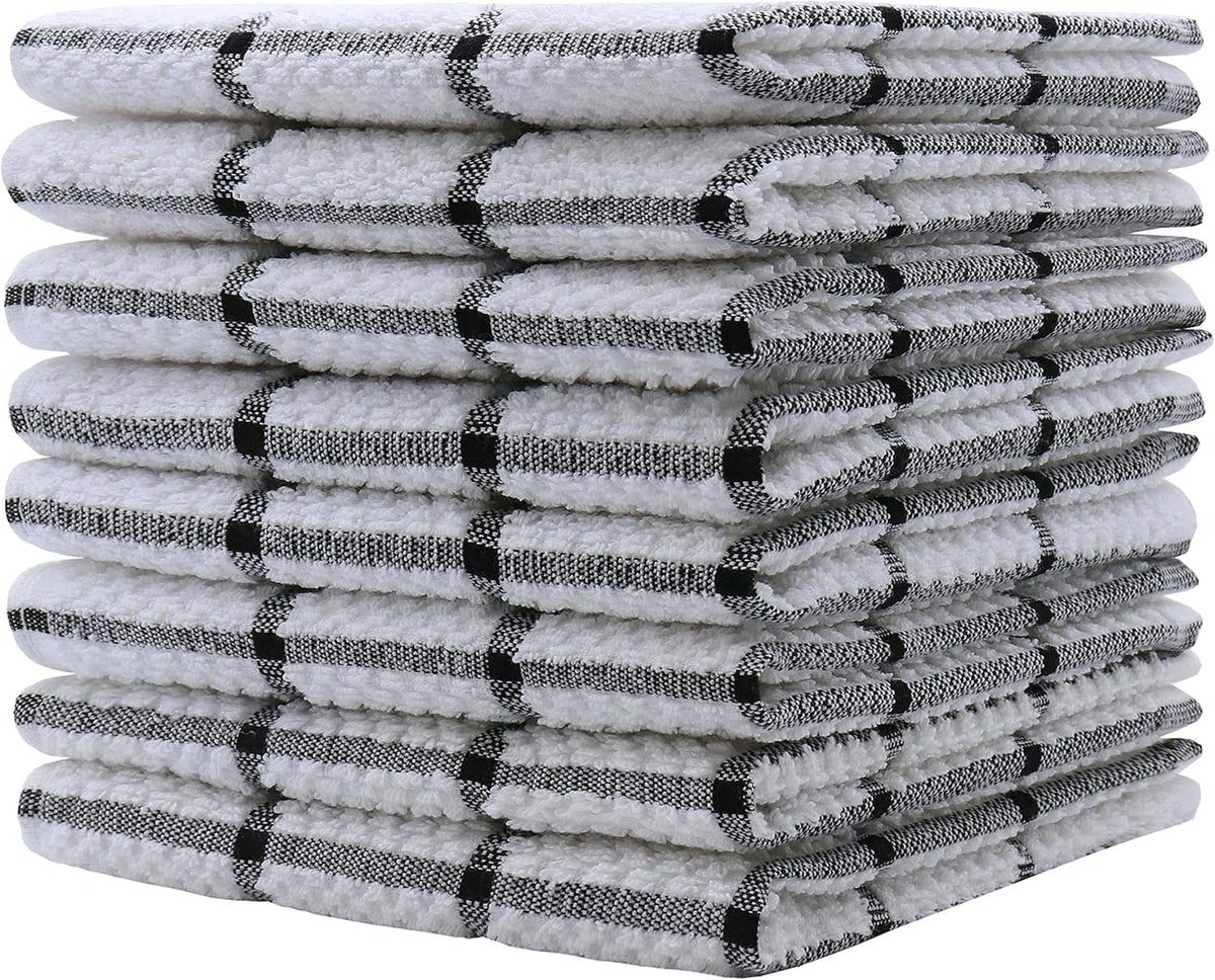 Cotton Dish Towels for Kitchen, Terry Dish Cloths for Washing Dishes, 12 x 12 Inches, Light and Soft, Quick Drying Dish Rags for Cleaning, 8pc/Set (Black)