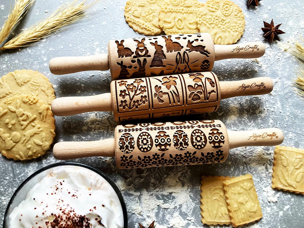 EASTER 3 Mini Embossed Rolling Pin Set. Wooden Laser Cut Embossing Rolling Pins for Embossed Cookies. Easter, Rabbit, Egg, Chicken, Spring, Flowers from Algis Crafts