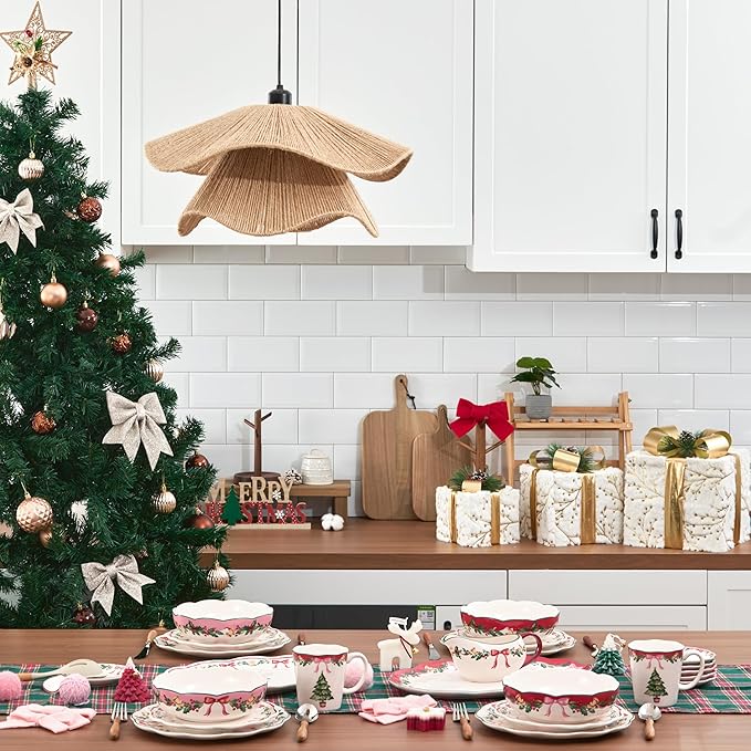 Bico Ribbon Christmas Scalloped Pasta Bowls, 36oz Salad Bowl Set of 4, Large Ceramic Serving Dinner Bowls for Soup and Cereal, Microwave and Dishwasher Safe, Gift for Housewarming and Holiday