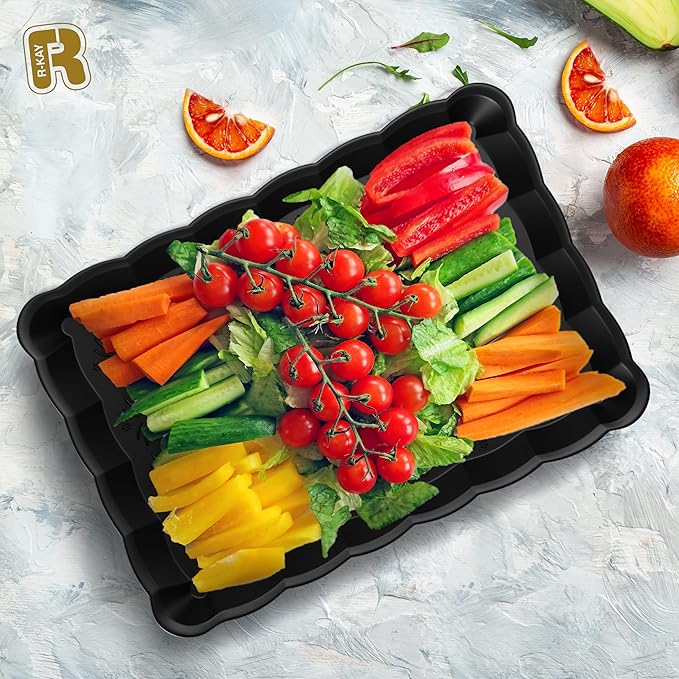 6 Pack Black Plastic Serving Trays - 9 x 13 Party Serving Trays and Platters - Black Serving Tray - Serving Platter Tray for Party