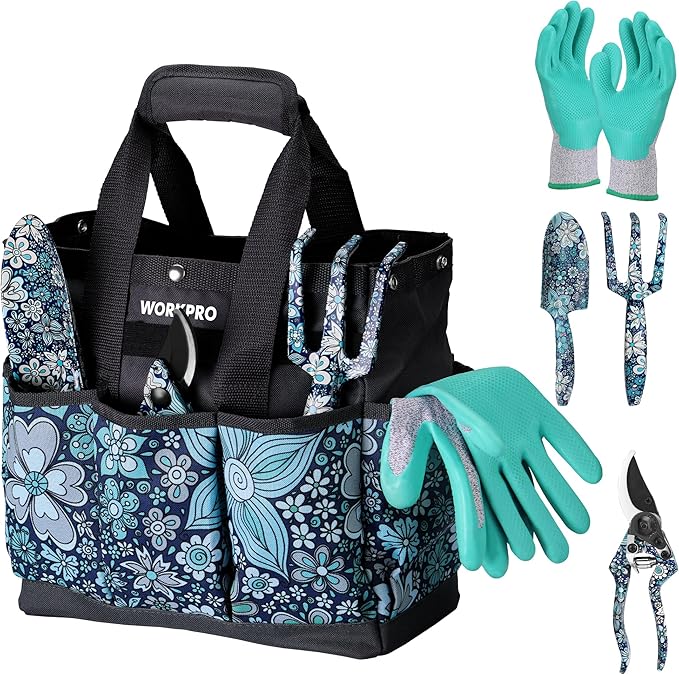 WORKPRO 5PCS Garden Tool Set, Aluminum Heavy Duty Gardening Tool Set with Garden Tool Bag, Outdoor Garden Hand Tools, Floral Blue