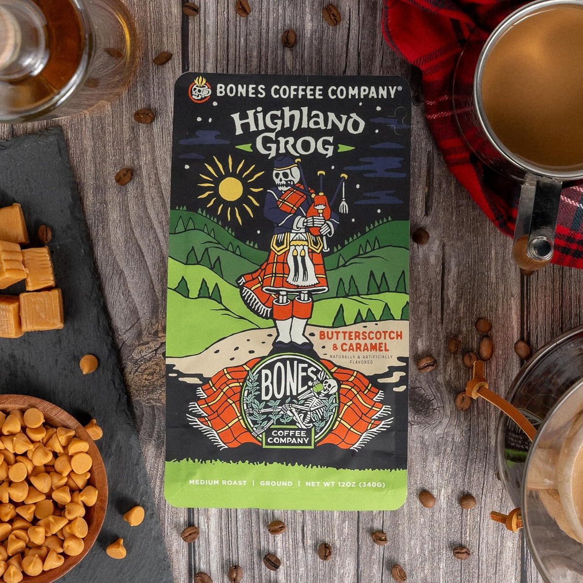 Bones Coffee Company Highland Grog, Butterscotch Caramel Flavored Coffee, Medium Roast Low Acid Arabica Beans Compatible with Auto drip and French Press Coffee Maker, 12 Oz Ground