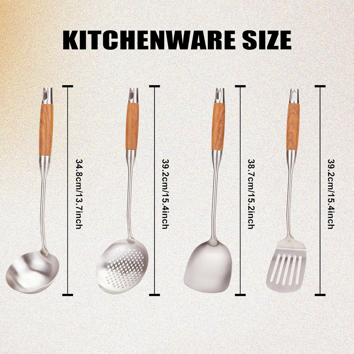 FJNATINH Wok Utensils - Wok Spatula Metal Set, 4-Pieces 14-15 Inch Extra Long, Wok Tools Professional Set, Wooden Handle Skimmer, Soup Ladle, Slotted Turner