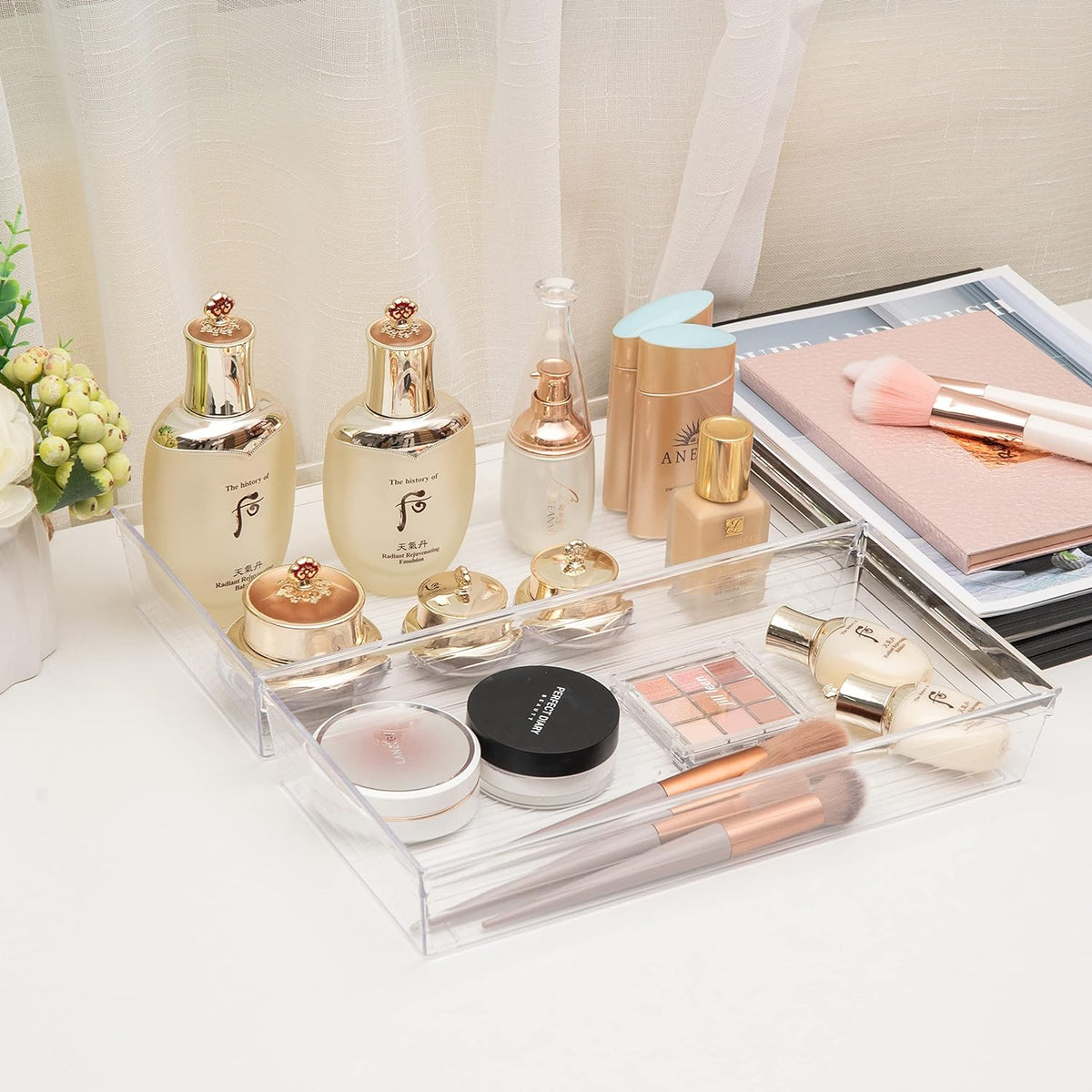 Backerysupply 4 Pack Storage Bins For Bathroom Cosmetic Makeup Vanity Clear Plastic Desk Drawer Organizers Tray Kitchen Utensils Silverware Dividers 15"x6"x2"