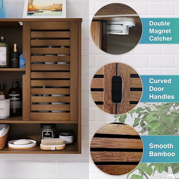 SMIBUY Bathroom Cabinet Wall Mounted, Bamboo Over-The-Toilet Storage Organizer, Space Saver Medicine Cabinet with 2 Door and Adjustable Shelves (Walnut)