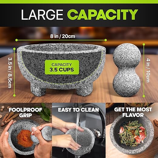 Umien™ Granite Mortar and Pestle Set - 100% Granite - 3.5-Cups - 8-Inch – Avocado Tool Included – Natural Stone Molcajete for Spices, Pestos, & Guacamole (Grey) - Stone Grinder - Guacamole
