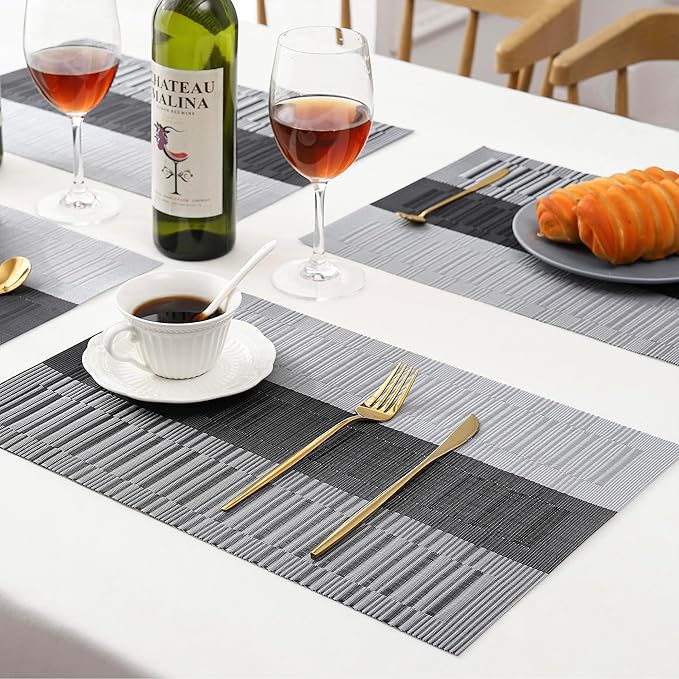 Leetaltree Grey with White Striped Placemats Set of 6 - Heat Resistant Non-Slip Place mats for Dining Table, Washable Durable PVC Vinyl Woven Table Mats（Grey Stripe, 6）