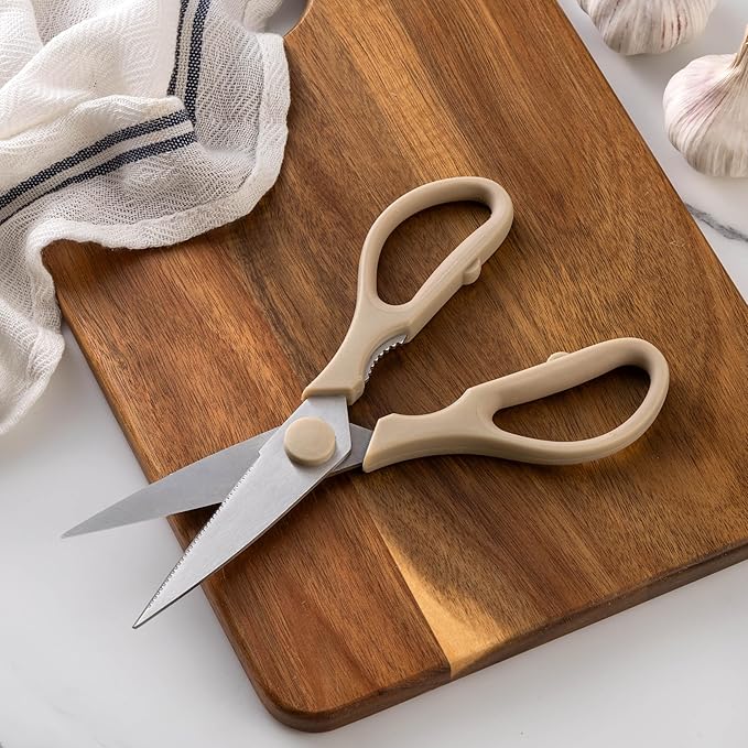 Rae Dunn Kitchen Scissors- Stainless Steel Kitchen Shears, Cooking Scissors for Cutting Meat, Chicken, Herbs and Produce with Blade Cover and Soft Grip Handles (Brown)