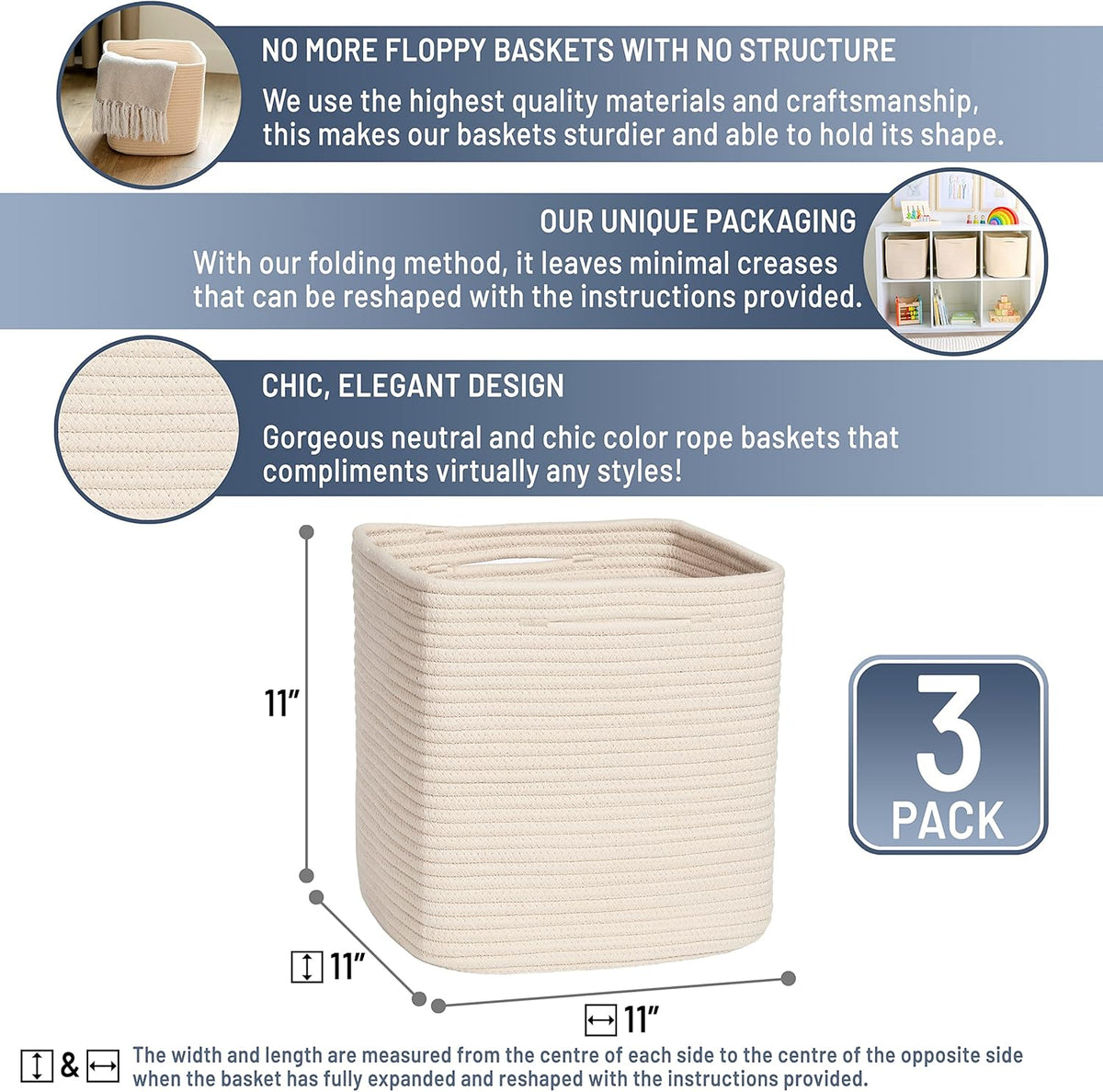 NaturalCozy Storage Cubes 11 Inch Cotton Rope Woven Baskets for Organizing, 3-Pack | Cube Storage Bin | Square Storage Baskets for Shelves Organizer, Classroom, Kids Toy Bins, Closet, Baby Nursery