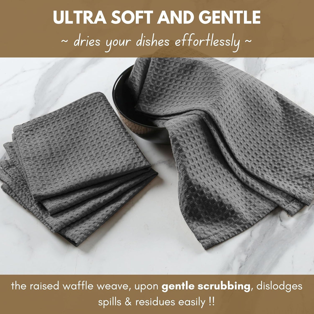 Native Fab Cotton Kitchen Towel with Hanging Loop 16x26 inches, 4-Pack, Waffle Weave Kitchen Towels for Cleaning Drying, Washcloths Soft & Absorbent Cloth Rags, Bar Towel, Dish Cloth, Grey