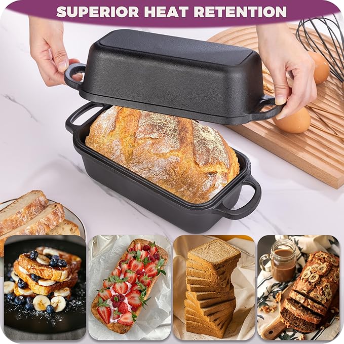 Cast Iron Loaf Pan with Lid 9x5 Inch, 2 in 1 Loaf Pans for Baking Bread, Even Heat Distribution for Sourdough, Homemade Bread