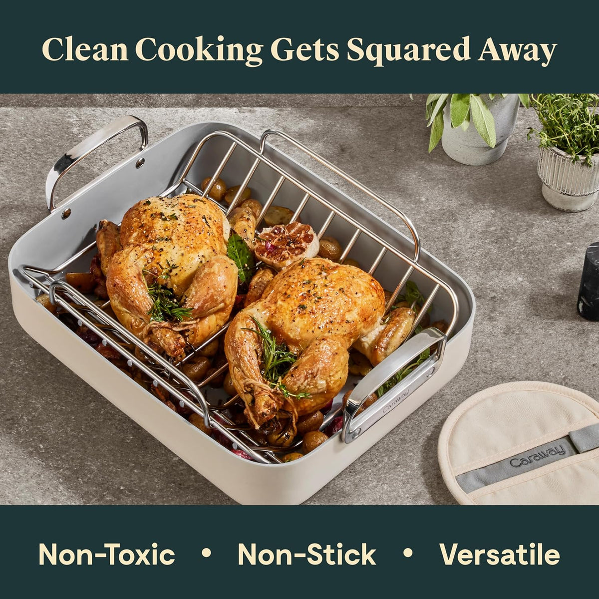 Caraway Roasting Pan - 16x13” Roasting Pan with Rack - Non-Stick Ceramic Coated - Non Toxic, PTFE & PFOA Free - Oven Safe & Compatible with All Stovetops - Black