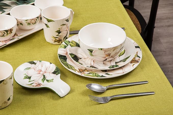 Bico Magnolia Floral Ceramic 14 inch Rectangular Serving Platter, Set of 2, for Serving Salad, Pasta, Cheese, Ham, Appetizer, Microwave & Dishwasher Safe