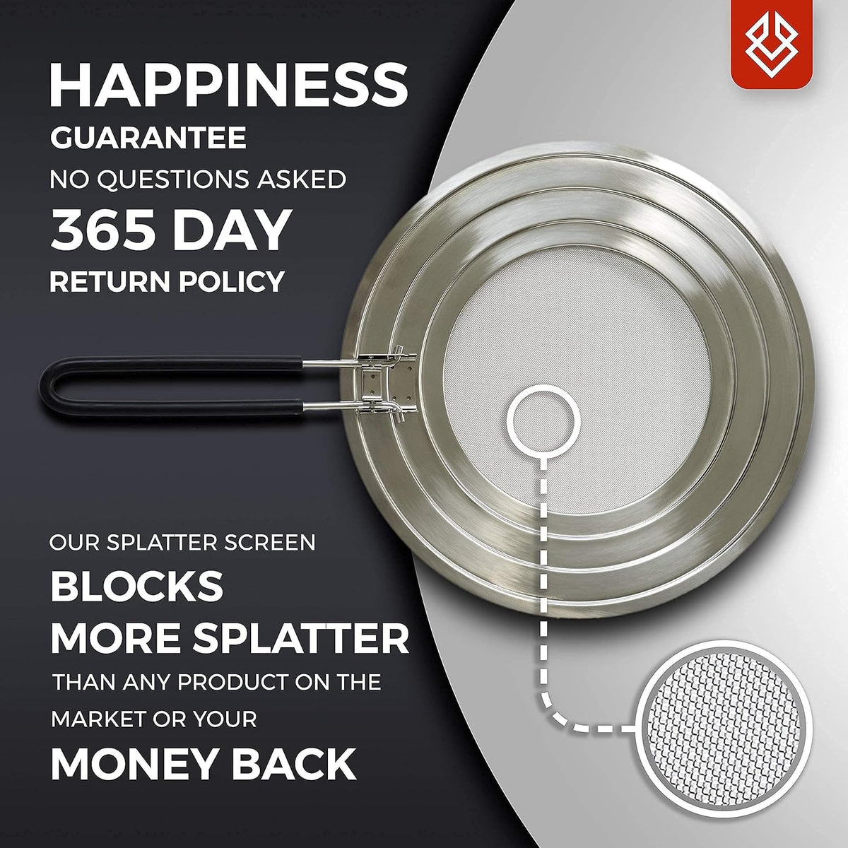 Dishwasher-Safe Splatter Screen Splash Guard for Kitchen Frying Pan Grease - Shields 99% of Stove Top from Bacon, Oil, or Deep Fryer - Easy to Clean or Store - Foldable Heat-Resistant Silicone Handle