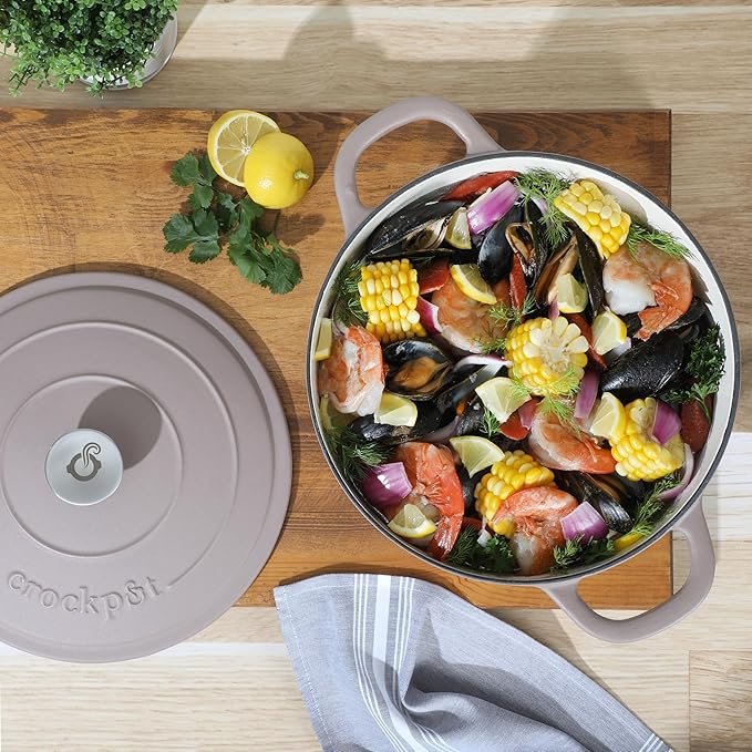 Crock Pot Artisan 7-Quart European Enameled Round Cast Iron Dutch Oven Pot With Lid - Matte Dusty Pink