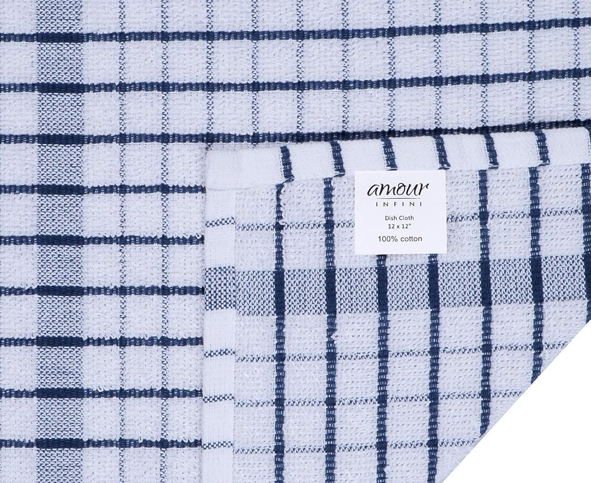 AMOUR INFINI Kitchen Dish Cloths Set of 8 - Ultra Soft, Highly Absorbent, Quick-Drying Terry Cotton Dishcloths 12"x12" Inch Wash & Cleaning Cloths for Kitchen & Dishwashing (Ass- Blue)