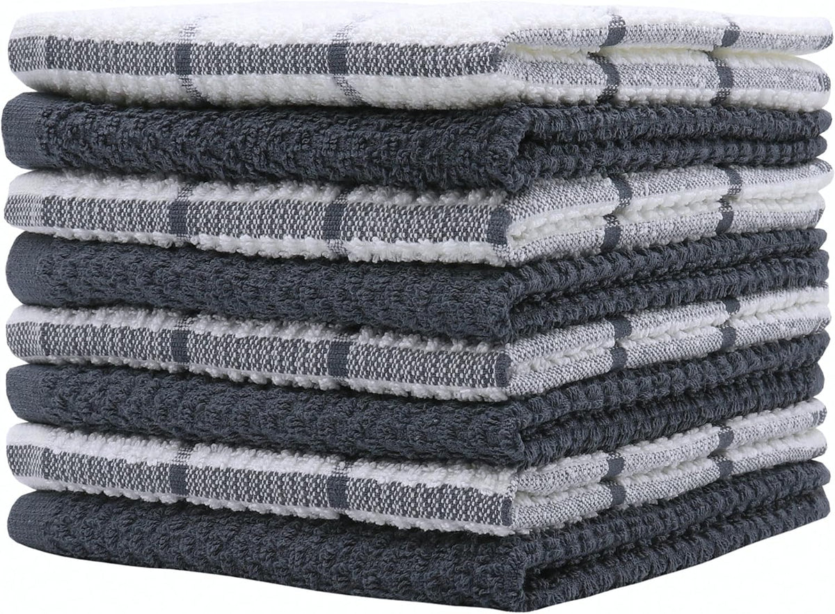 Cotton Dish Towels for Kitchen, Terry Dish Cloths for Washing Dishes, 12 x 12 Inches, Light and Soft, Quick Drying Dish Rags for Cleaning, 8pc/Set (Grey Multi)