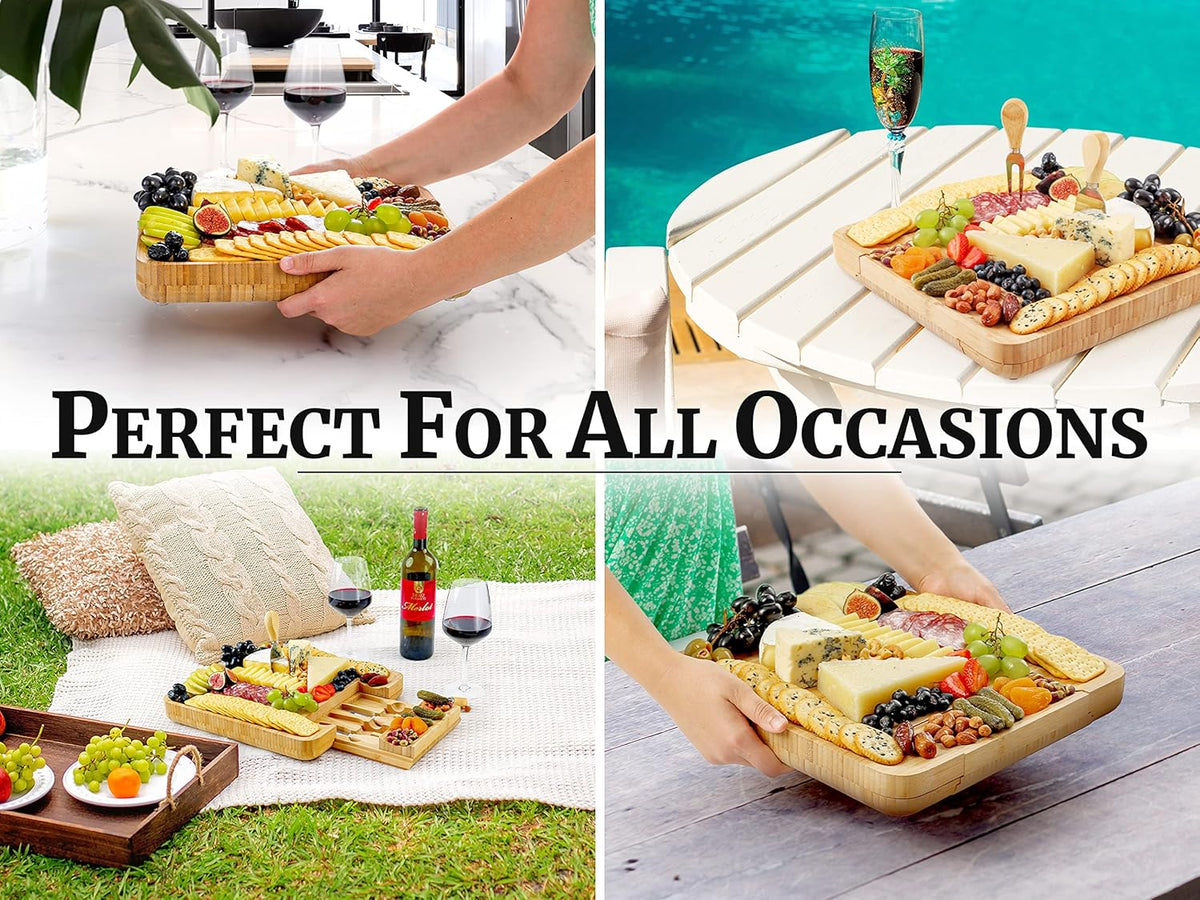 Zulay Kitchen Premium Bamboo Cheese Board Set - Extra Thick Bamboo Charcuterie Board Set with 4 Piece Knife Set - Wooden Cheese Board is Perfect for Charcuterie, Wine and Cheese (Party Set)