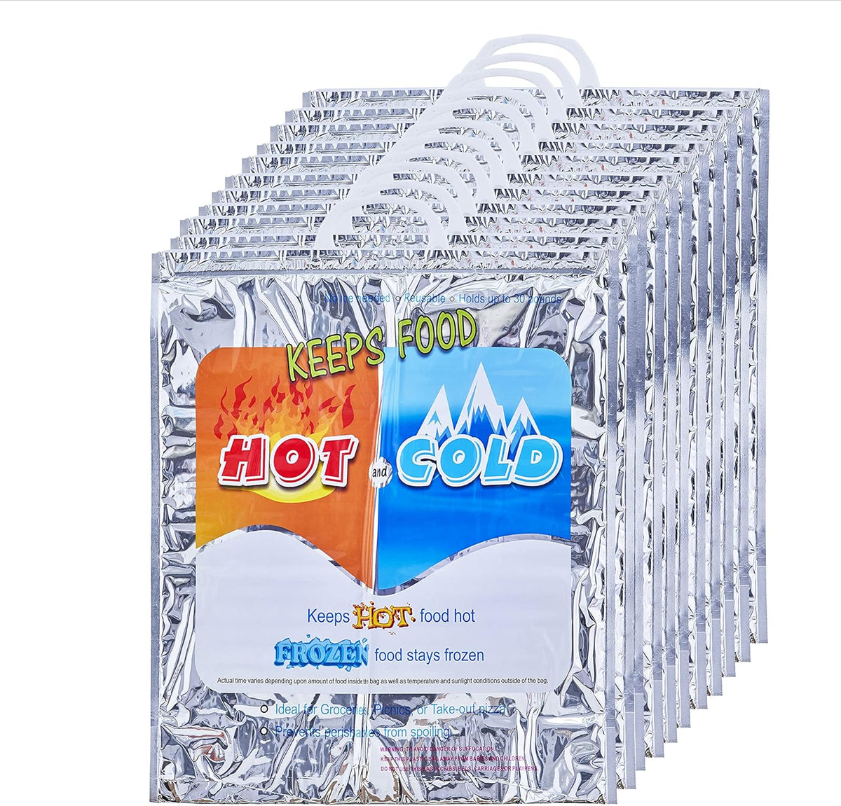 Superio Hot and Cold Reusable Insulated Bag- 12 Pack (16"x5.5"x19") Food Storage for Frozen Items & Hot Items Including Lunch Bags & Grocery Shopping Bags Reinforced Heavy Duty Refrigerated Totes…