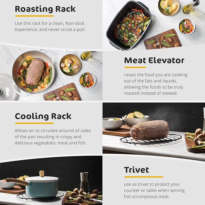 GOURMEX Black Oval Roasting Rack with Integrated Feet | Stainless Steel Kitchen Rack With Non-Stick Coating, PTFE Free | Oven and Dishwasher Safe | Ideal for Cooking, Roasting, Drying, Grilling
