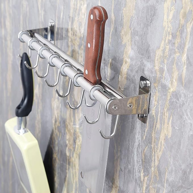 DSEAP Pot Rack - Pots and Pans Hanging Rack with 8 Hooks, Double Bars, Wall Mounted, Chromed