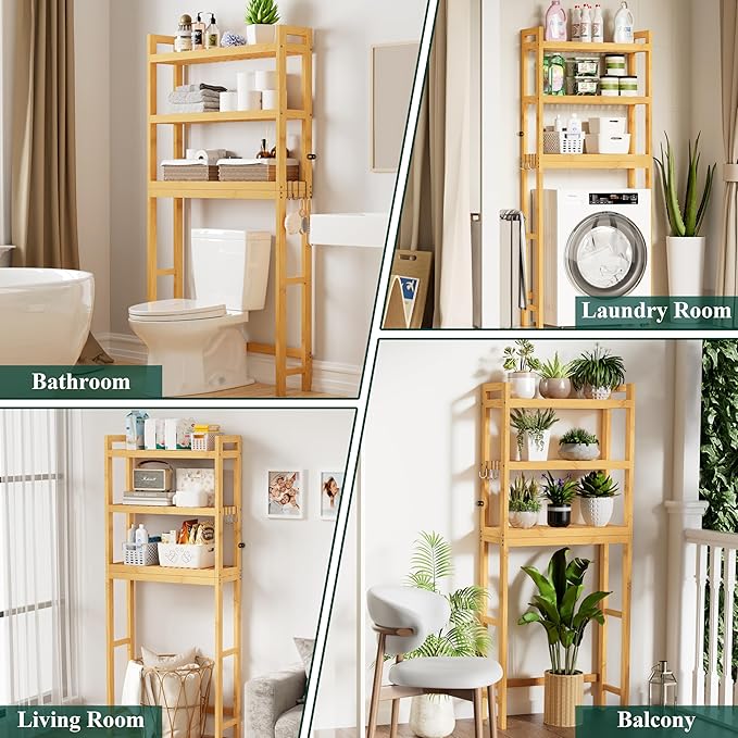 Smiry Over The Toilet Storage Cabinet, 3-Tier Bamboo Bathroom Organizers with Adjustable Shelf & 4 Hooks, Space Saving Shelf Rack for Bathrooms, Laundry Room, Balcony, Natural