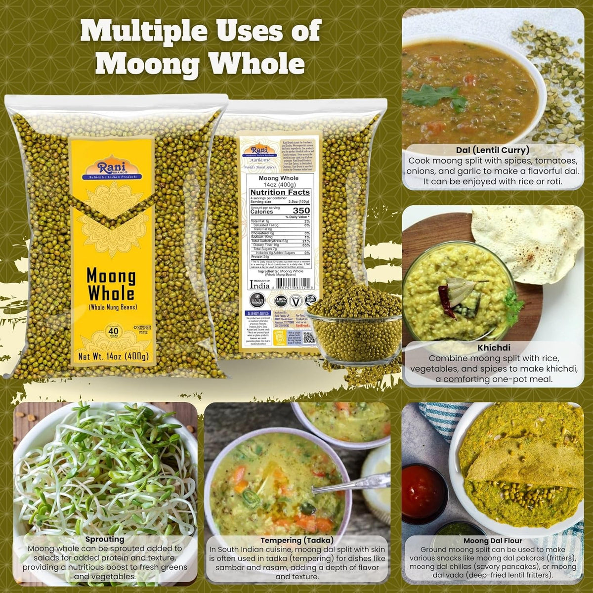 Rani Moong Whole (Ideal for cooking & sprouting, Whole Mung Beans with skin) Lentils Indian 14oz (400g) ~ All Natural | Gluten Friendly | Non-GMO | Kosher | Vegan | Indian Origin