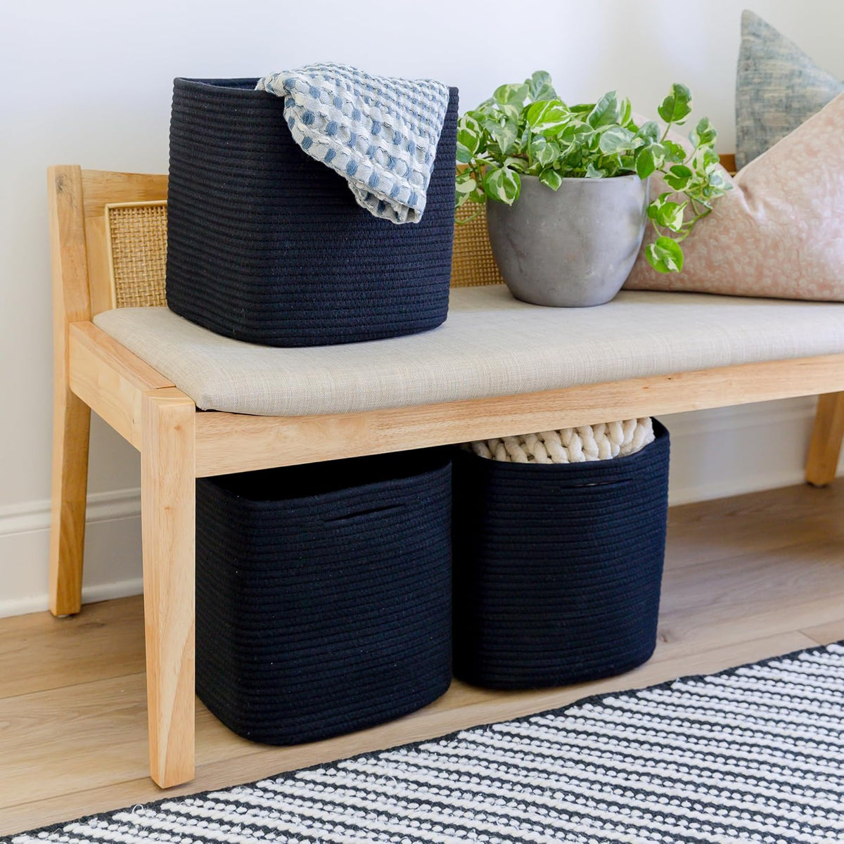 NaturalCozy Storage Cubes 11 Inch Cotton Rope Woven Baskets for Organizing, 3-Pack | Cube Storage Bin | Square Storage Baskets for Shelves Organizer, Classroom, Kids Toy Bins, Closet, Baby Nursery