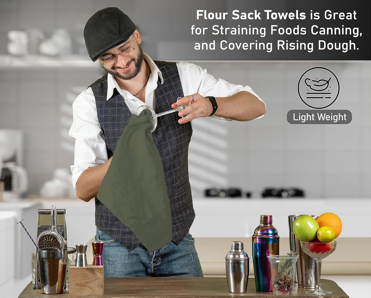 RUVANTI Flour Sack Towels 36 Pack 28x28 Inch, 100% Cotton Tea Towel, Reusable, Machine Washable, Absorbent BarTowels - Dish Cloth Perfect for Drying Dishes & Cleaning - Martini Olive