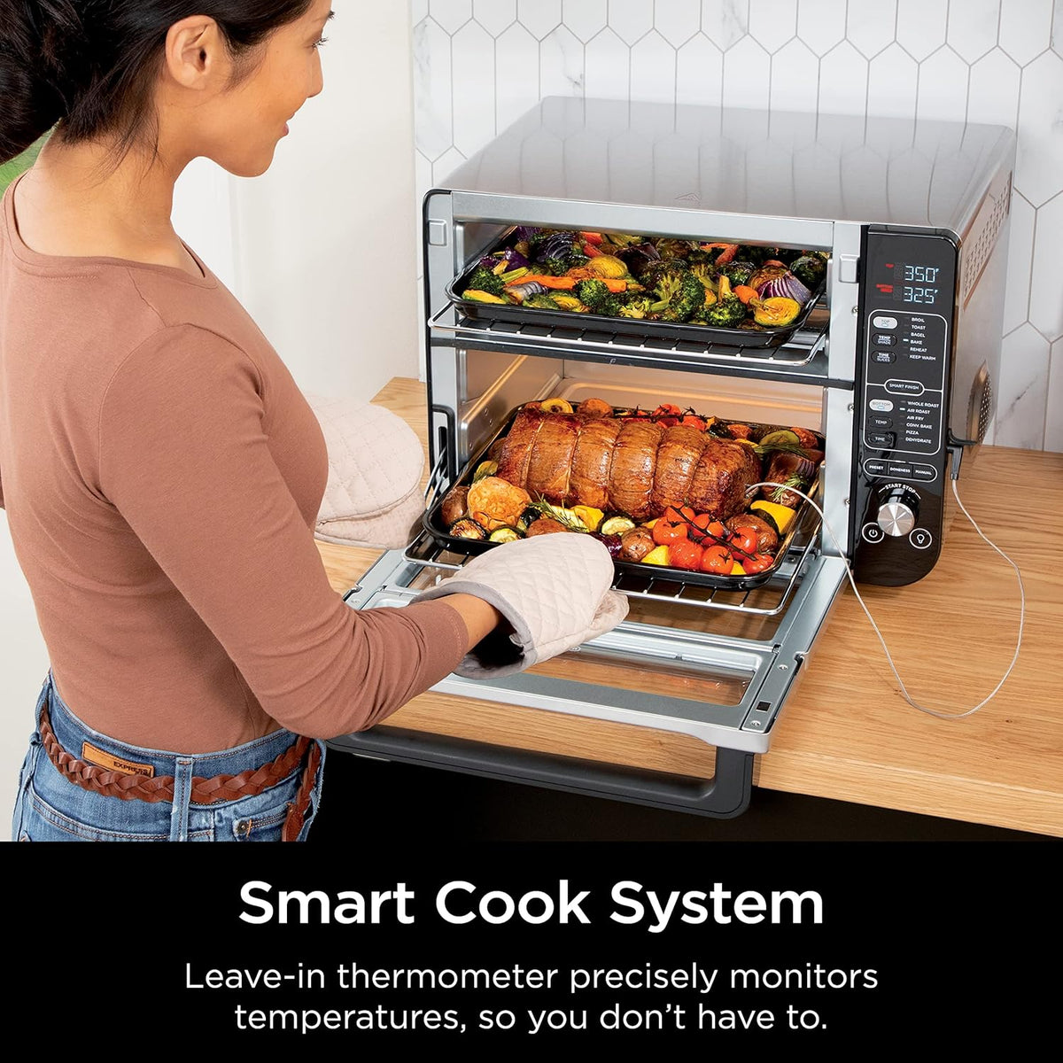 Ninja DCT451 12-in-1 Smart Double Oven with FlexDoor, Thermometer, FlavorSeal, Smart Finish, Rapid Top Convection and Air Fry Bottom , Stainless Steel