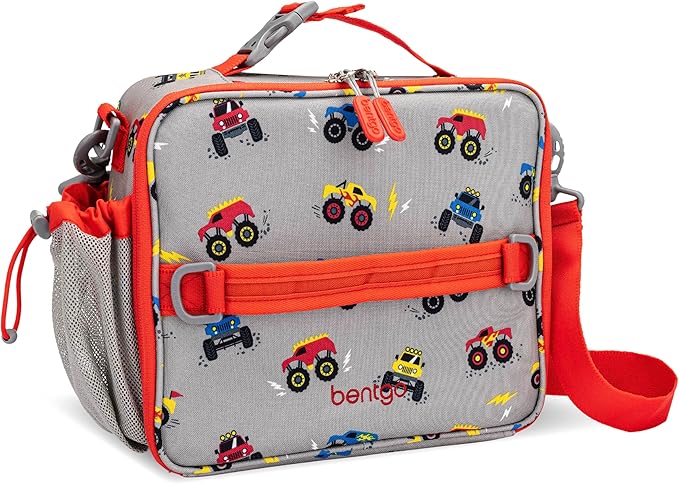 Bentgo Kids Lunch Bag - Double-Insulated, Reusable Lunch Bag for Kids 3+ with Adjustable Strap; Holds Lunch Box/Water Bottle/Snacks; Easy-Clean, Water-Resistant & Pockets (Trucks)