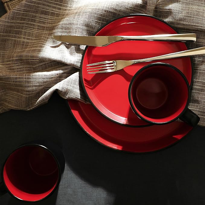Stone Lain Albie Stoneware 16 Piece Dinnerware Set, Plates and Bowls Sets, Dish Set for 4, Red and Black, Microwave & Dishwasher Safe