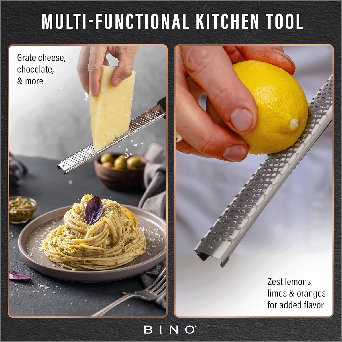 BINO Stainless Steel Rasp-Style Grater | Parmesan Grater | Zester Tool | Kitchen Handheld Graters | Culinary Tools | Lemon & Orange Zester | Spice Grater | Cooking & Baking Utensils & Accessories