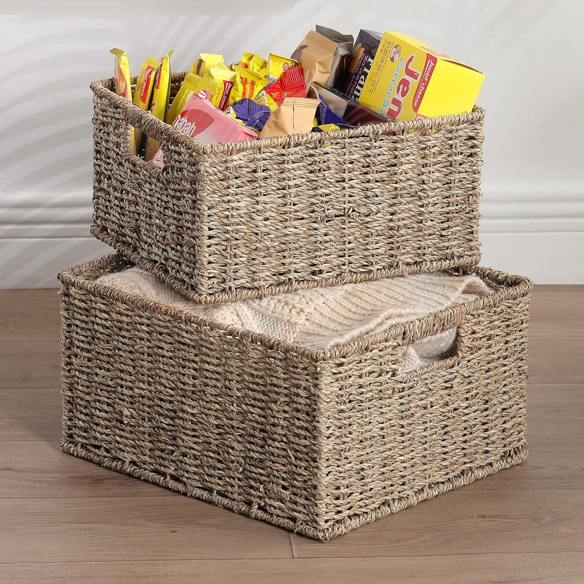HOONEX Large Wicker Baskets for Storage, Seagrass Baskets with Dual Handles, Woven Set of 2, Natural