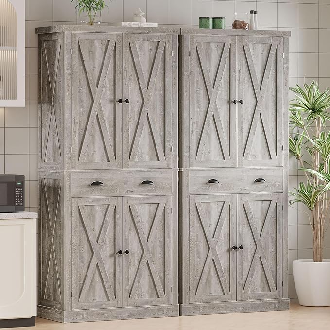 IRONCK Kitchen Pantry Storage Cabinet 72.6" H, with Barn Doors, Drawer, 4 Adjustable Shelves, Freestanding Cupboard for Dining Room Living Room, Laundry, Rustic Maple