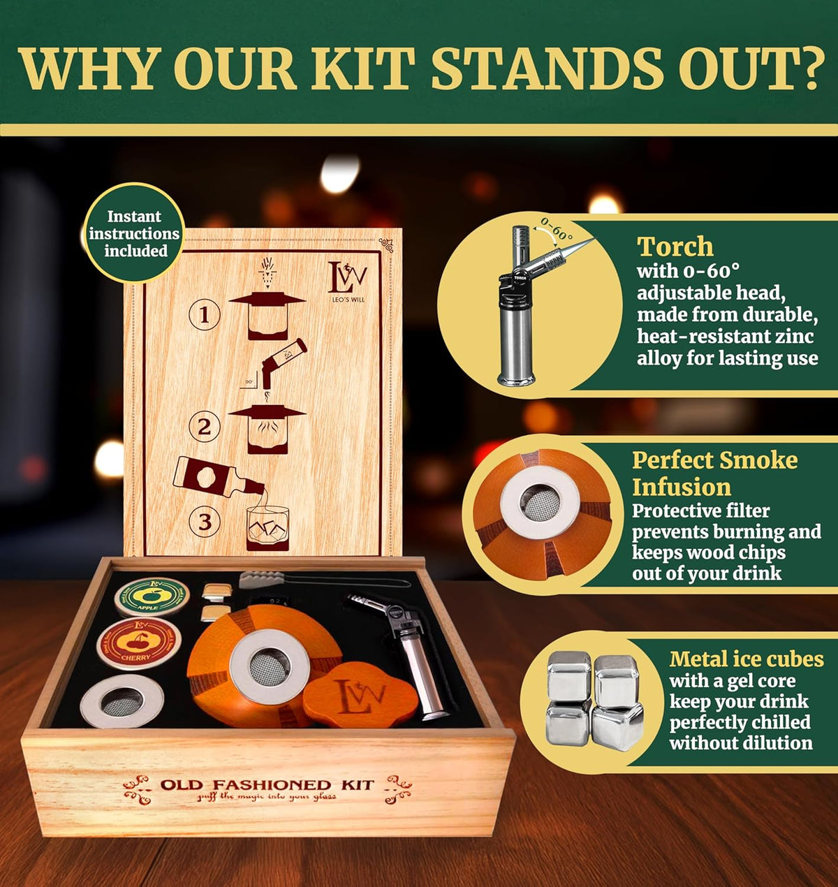 Whiskey Smoker Kit with Torch – Natural Wood Box, 2 Metal Filters, Whiskey Stones – Old Fashioned Cocktail Smoker Kit, Men Birthday Gift Ideas, Gifts for Dad, Husband, Women, Mom (No Butane)
