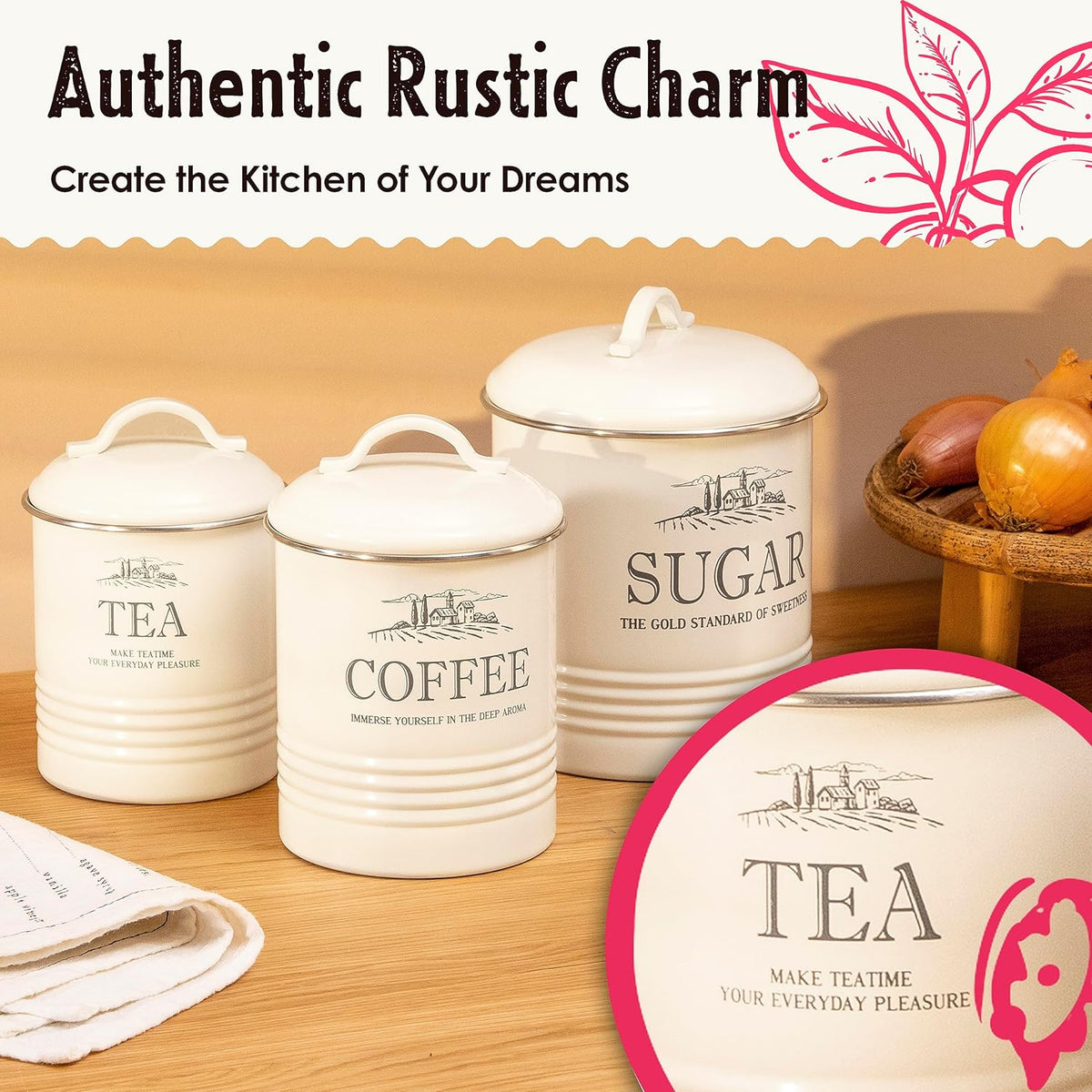 Kitchen Canisters for Countertop - Set of 3 - Airtight Coffee Tea Sugar Container Set - Country Rustic Farmhouse Canisters Sets for the Kitchen