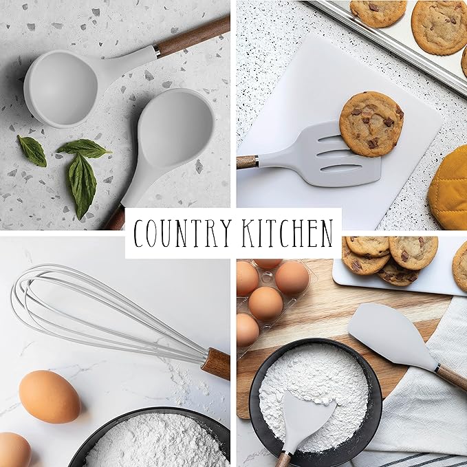 Country Kitchen Non Stick Silicone Utensil Set with Rounded Wood Handles for Cooking and Baking, 8 Piece Set, White