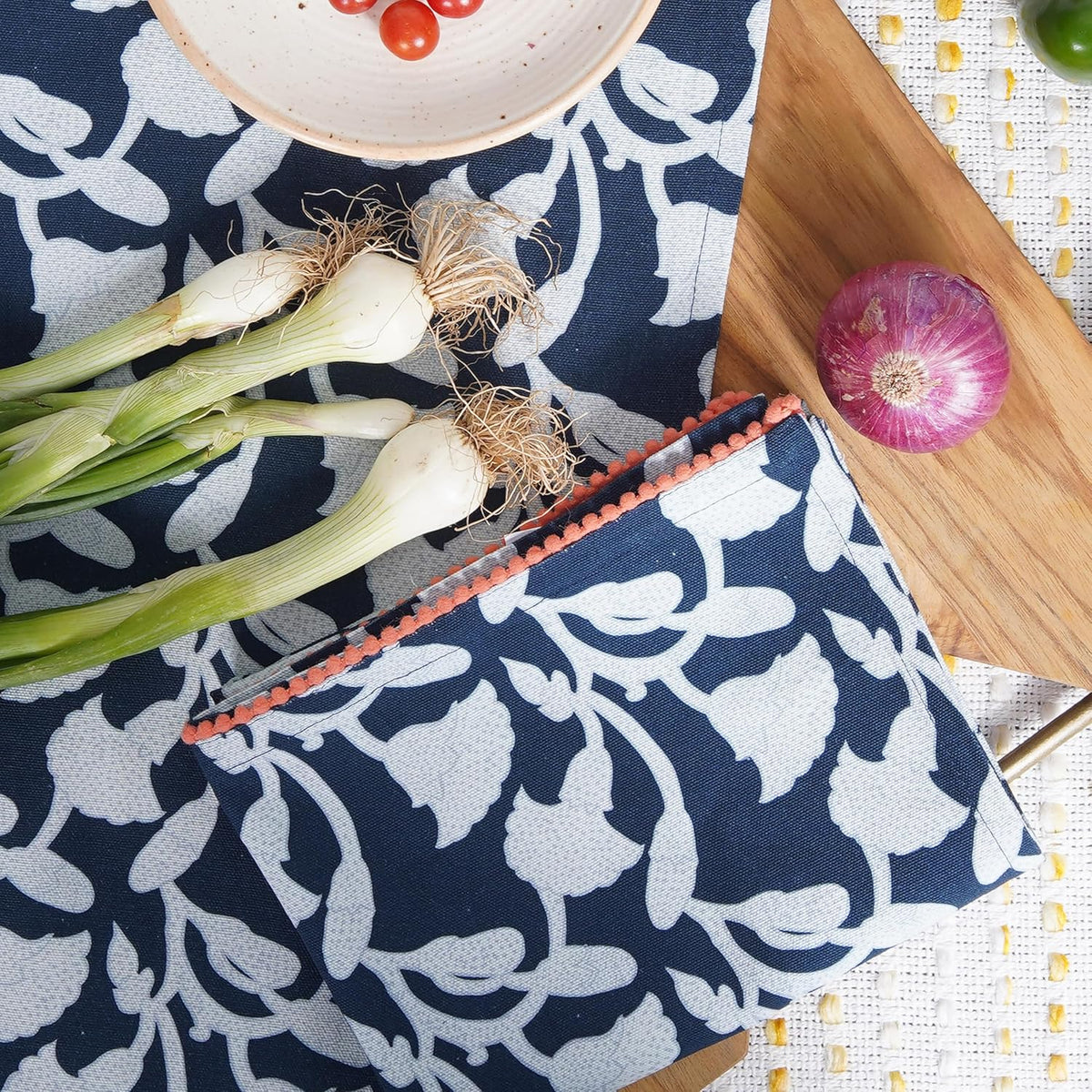 Printed Kitchen Dish Bar and Tea Towels Cotton, 18x28 inch with Trims, Cotton Dish Towel Sets (Allover Blue, Set of 6)